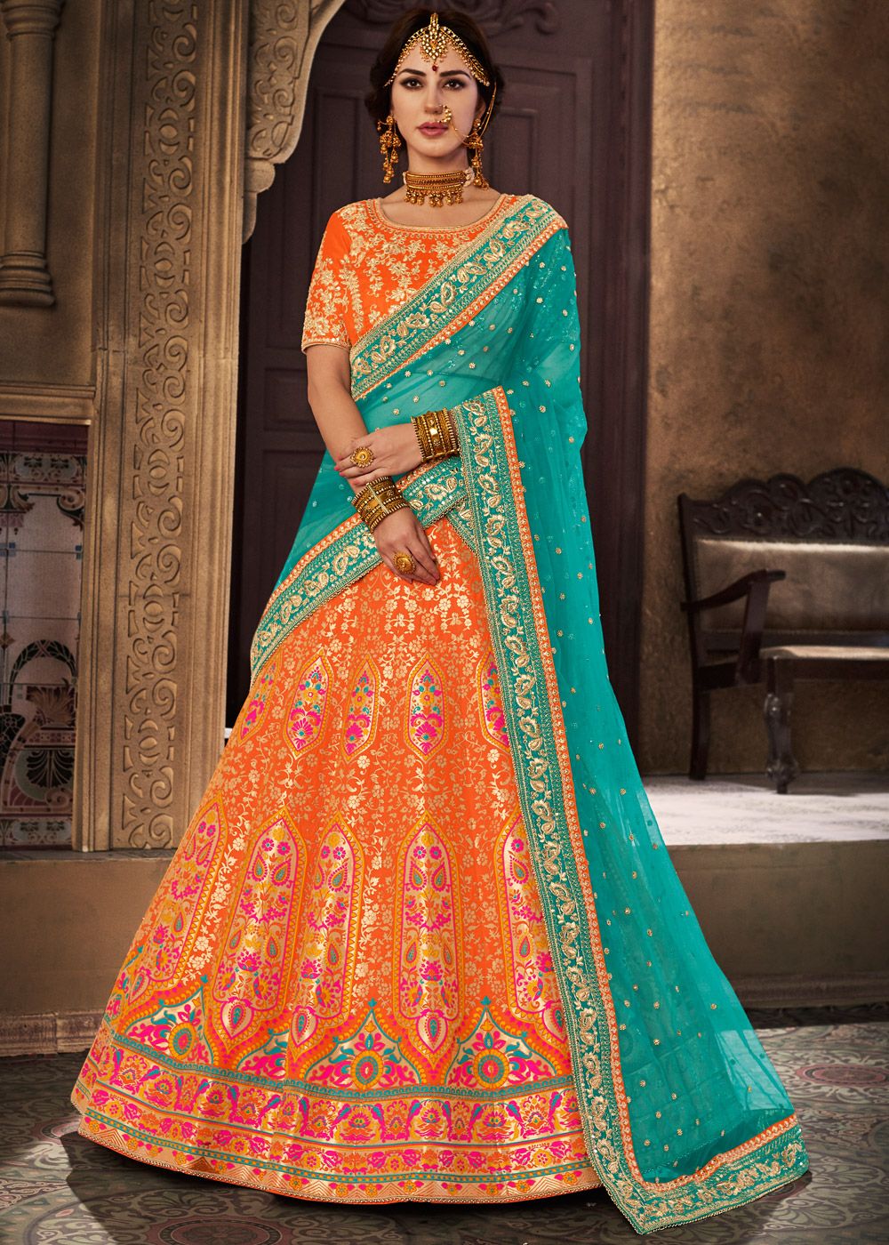 Girls Orange Crop top and blue lehenga – Boutique4India