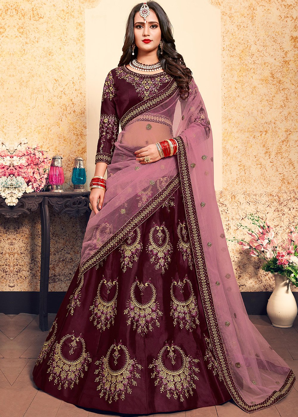Buy Incomparable Pink Diamond Work Velvet Bridal Lehenga Choli With Dupatta  - Zeel Clothing
