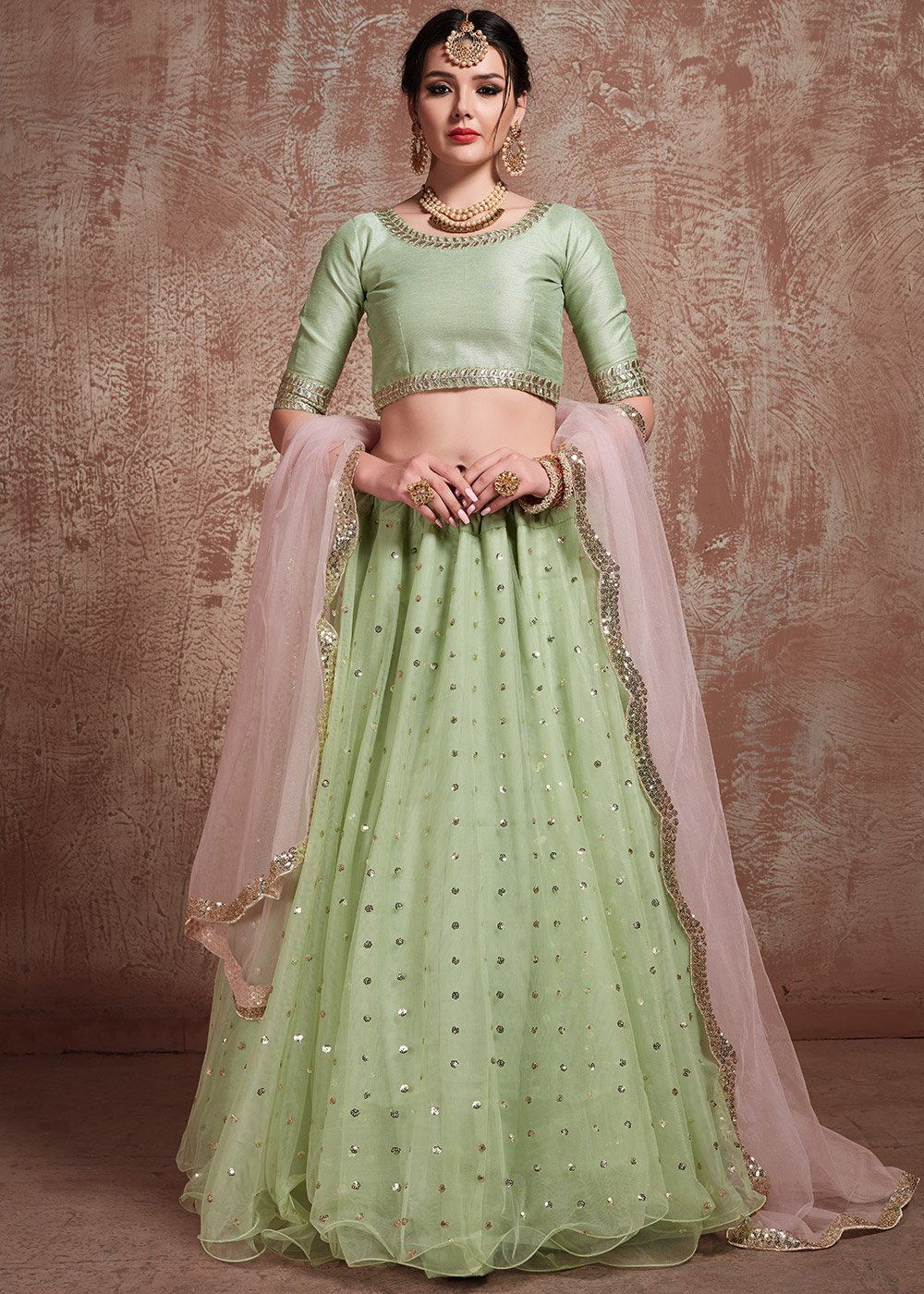 Floral Netted embroidery♥️ Shop at www.trendytraditionaloutfits.com SEARCH  CODE : DESIGNER LEHENGA - LIGHT GREEN WITH PINK Lehenga: Light… | Instagram