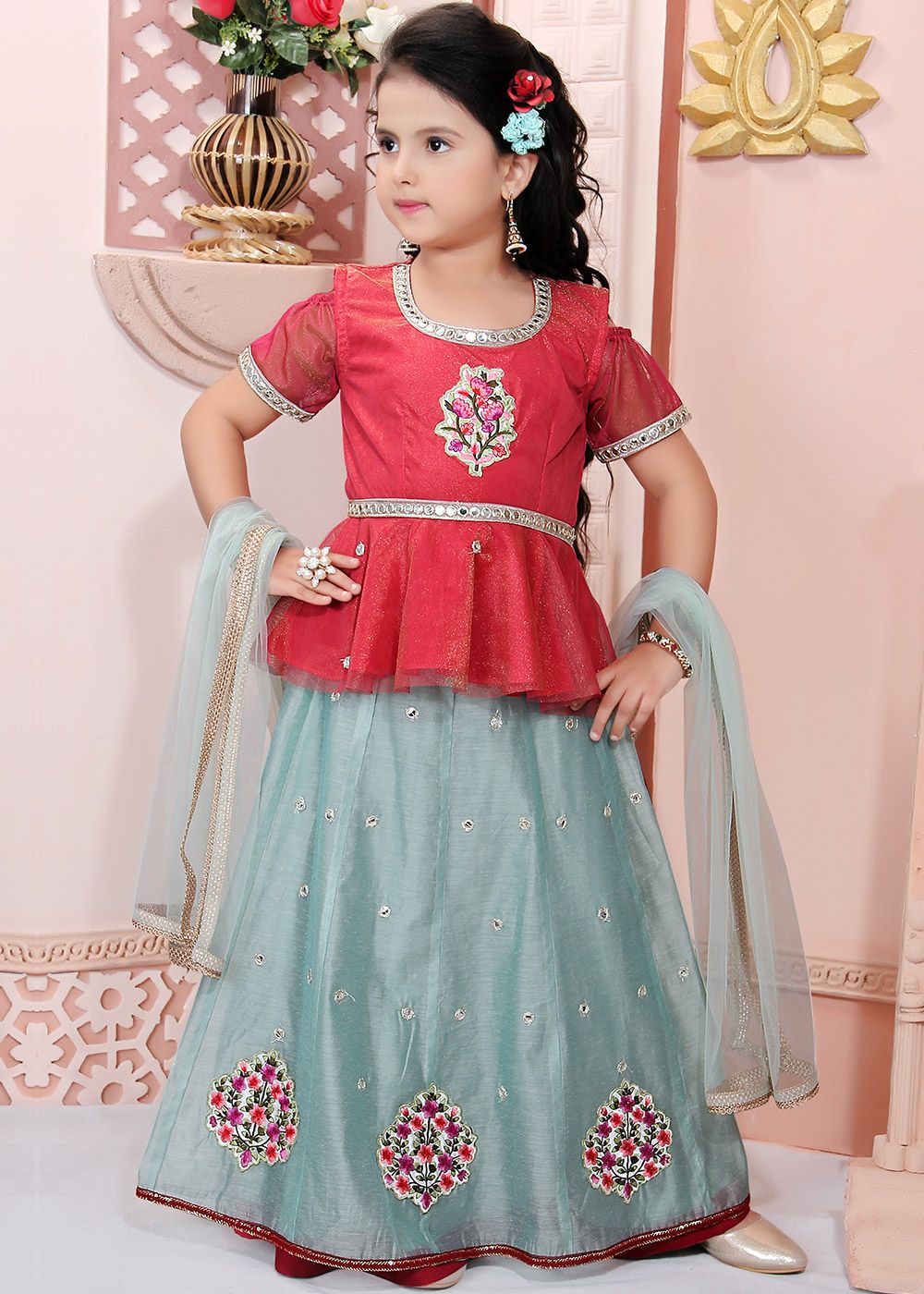 Buy Blue Silk Digital Printed Kids Girl Lehenga Choli With Shrug Online at  Best Price | Cbazaar