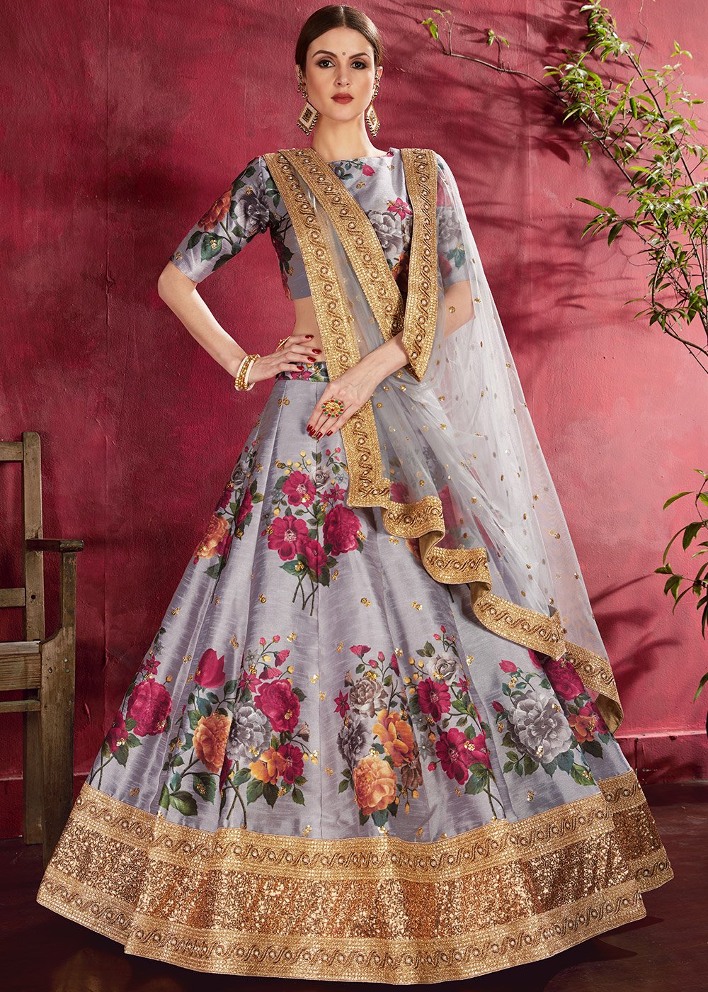 Indian Gota Silk Lehenga Choli With Floral Digital Print Work and Soft Net  Dupatta for Women , Printed Lehenga , Wedding Lehenga , Lehengas 