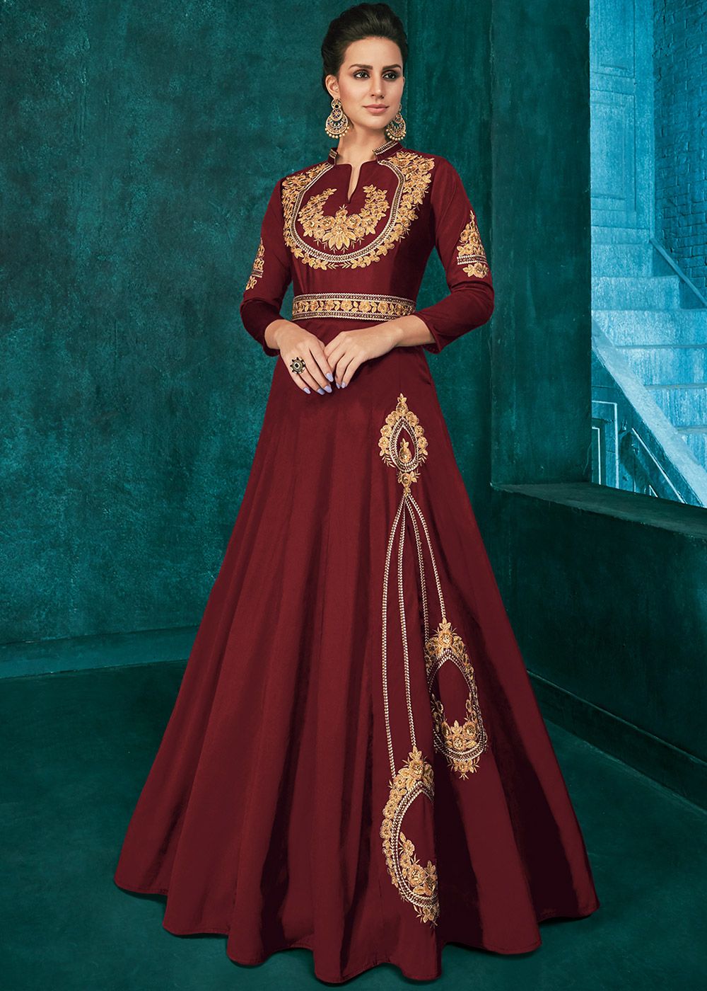Buy Online Georgette Maroon Embroidered Trendy Gown  244535 