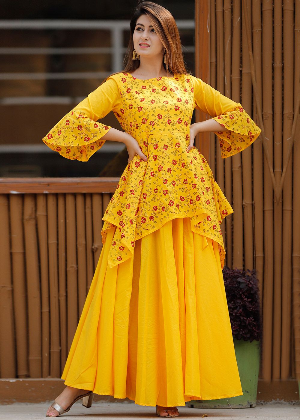 Yellow Readymade Printed Asymmetric Kurti Skirt Set Indo Western 214TB07
