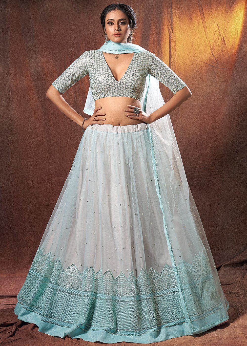 Peach - Net Cream-Red Sequined, Mirror and thread embroidery Semi-Stitched  Lehenga - Absolutely Desi