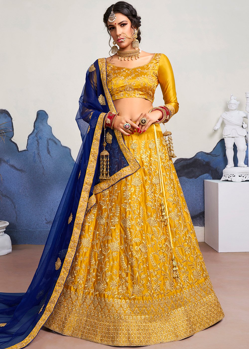 Buy Royal blue and yellow Indian silk wedding lehenga in UK, USA and Canada