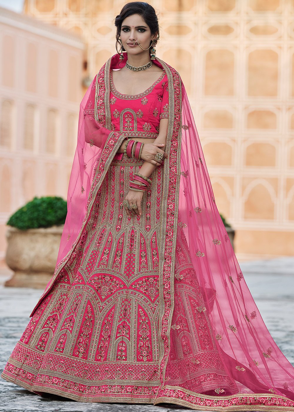 Velvet Hand Work Bridal Lehenga Choli In Pink Colour - LD4900594