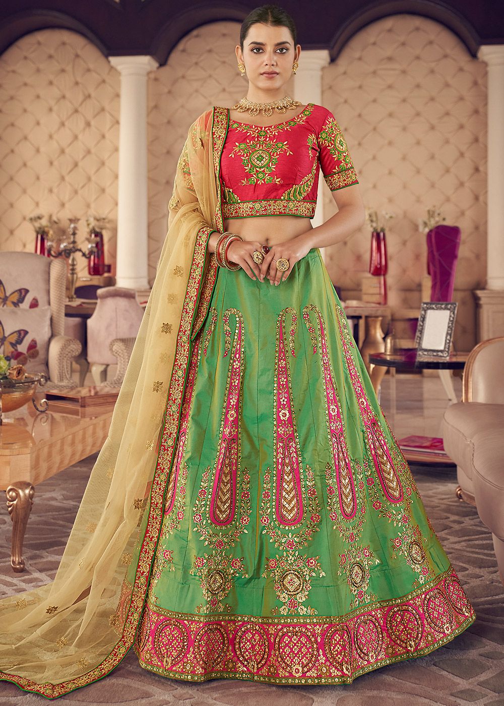 Bridal, Wedding Green color Jamawar fabric Lehenga : 1776775