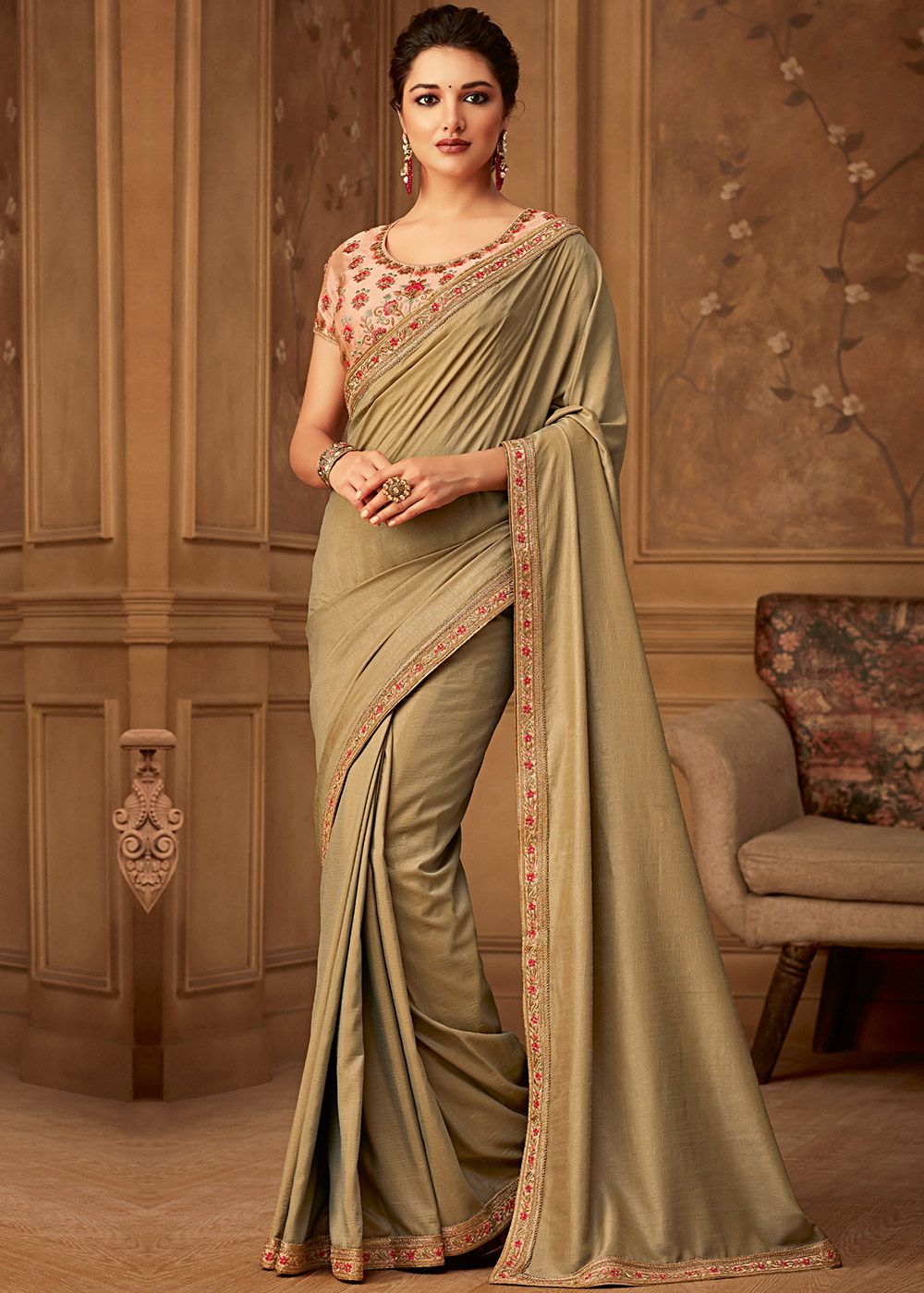 Buy Olive Green Saree Comes with an Embroidered Blouse by PUNIT
