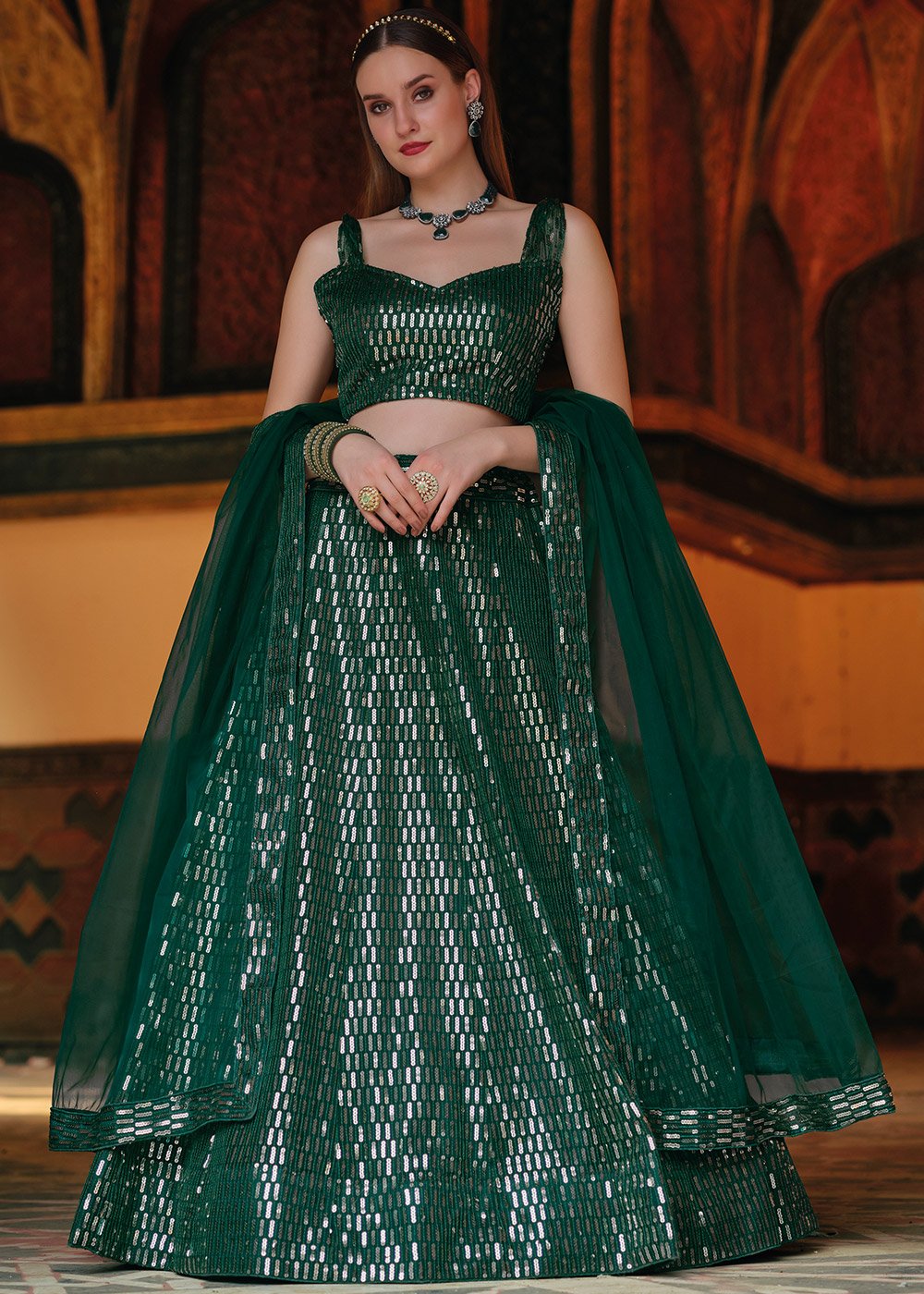 Ravishing Green Silk Lace Border Fancy Lehenga choli Semi Stitched