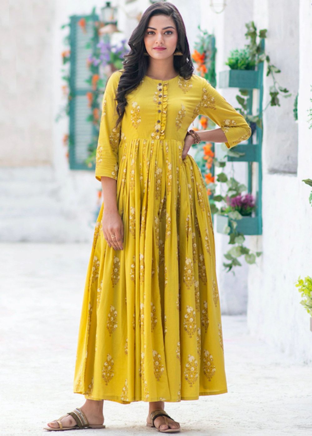 Yellow Floral Printed Readymade Indo Western Gown 250GW01