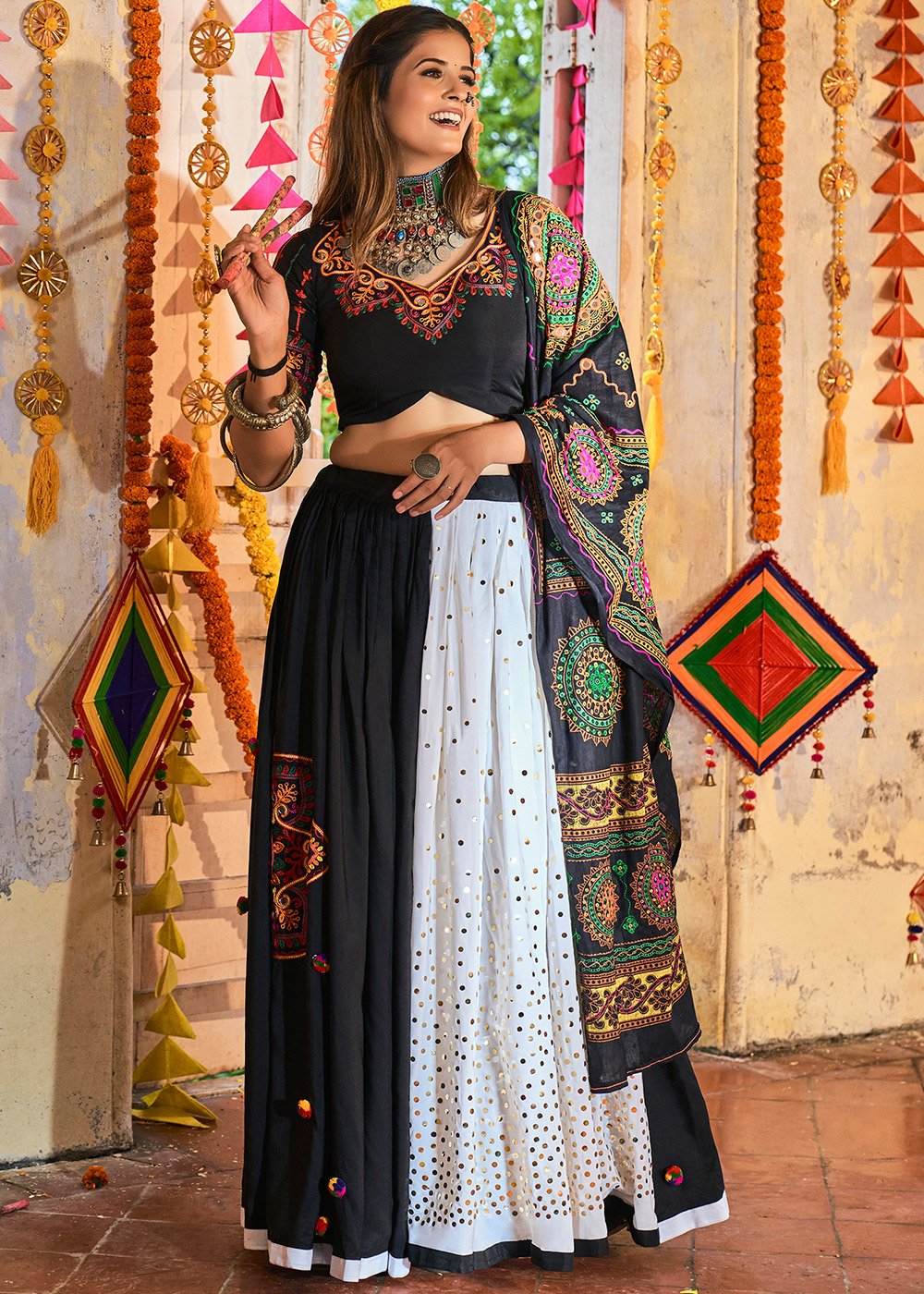 Beige Embroidered Navratri Lehenga Choli In Cotton 2536LG01
