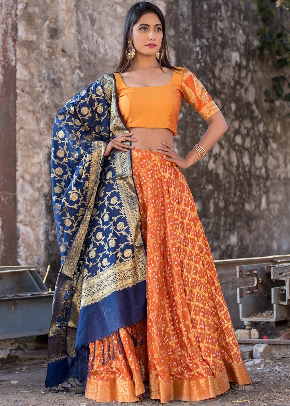 Sunshine Orange Lehenga Set with Dupatta. | Golden blouse designs, Orange  lehenga, Red wedding dresses