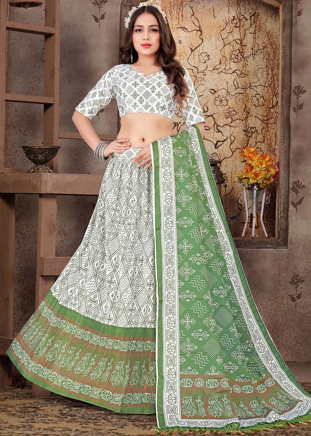 Shivali Sangeet-06-A Green White Attractive Lehenga Choli Set In Singles –  Sangeet – Vijaylakshmi Creation – Handloom House & Branded Women Apparels