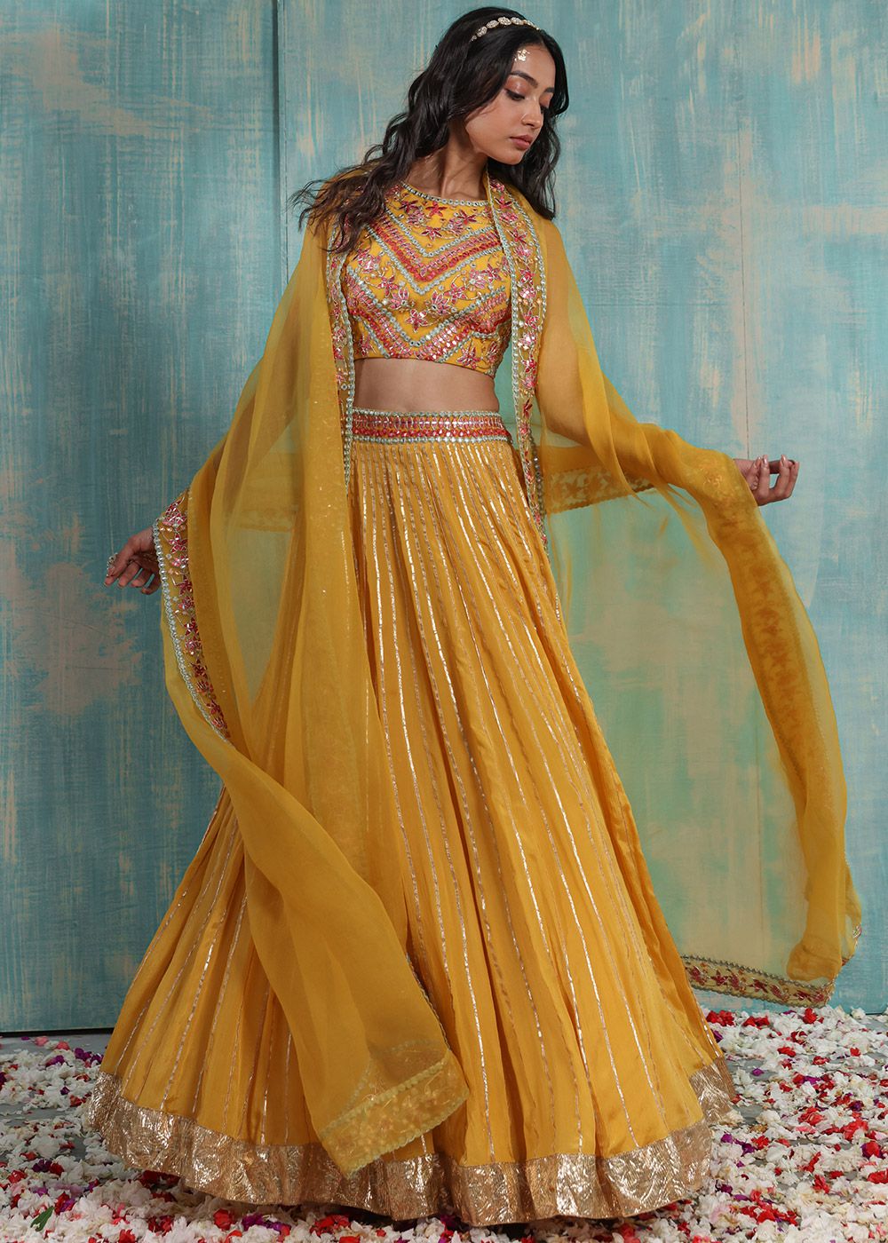 Adorable Yellow and Pink Lehenga Choli with mirror work - Dress me Royal