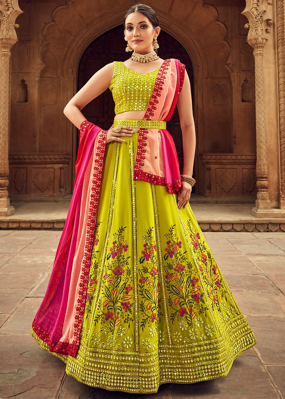 Peach And Parrot Green Unstitched Lehenga Set Fabric (3 Piece)