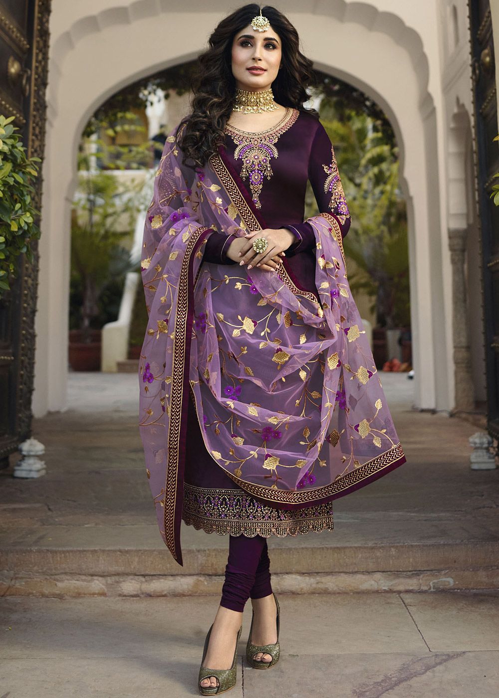 PURPLE EMBROIDERED HANDWORKED SUIT SET
