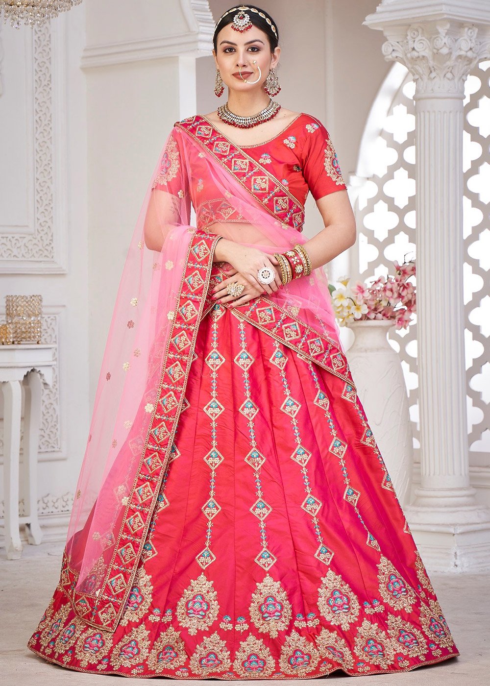 Red & Pink Raw Silk Bridal Lehenga | Dolly J – KYNAH