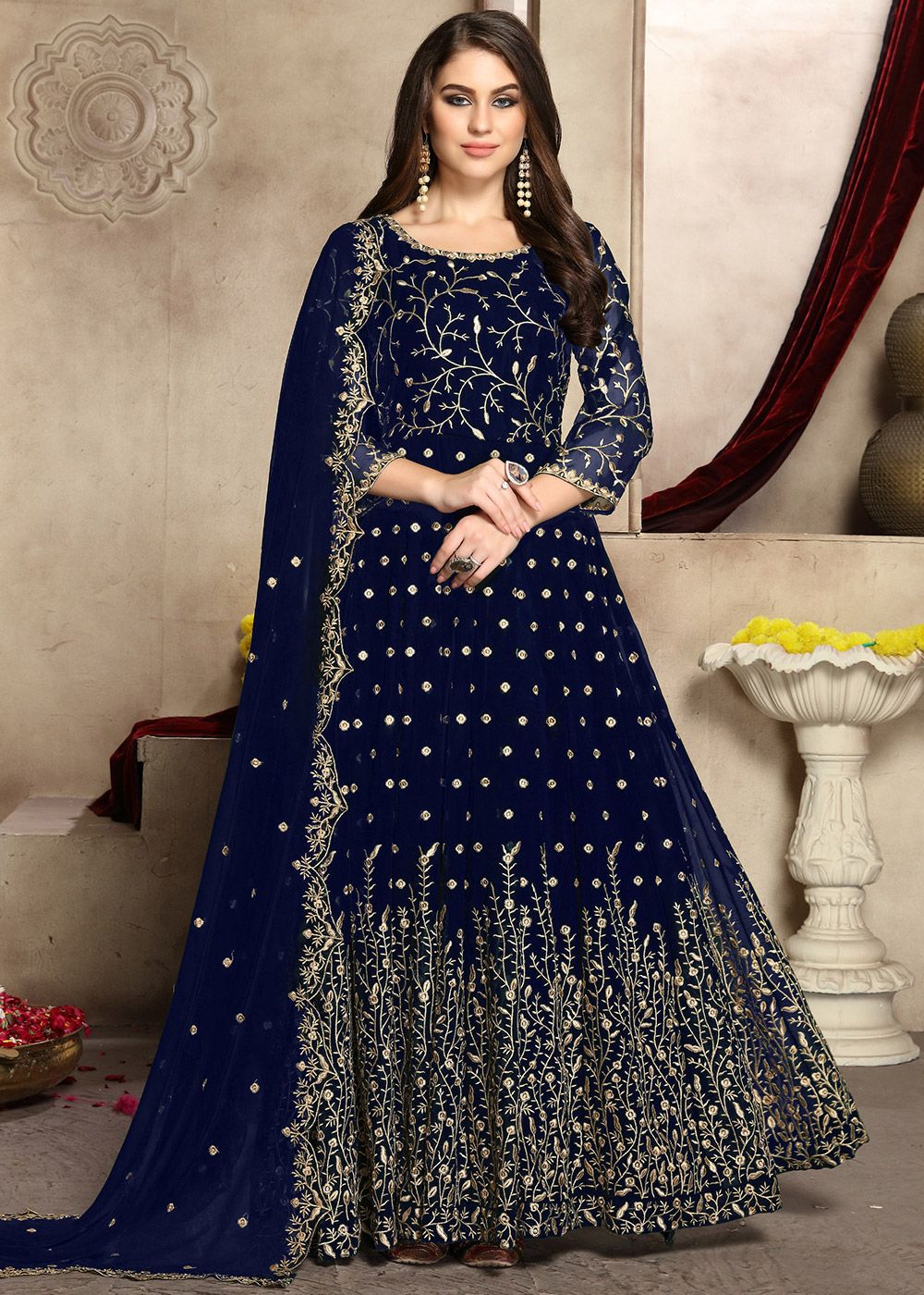 Navy Blue Embroidered Georgette ...