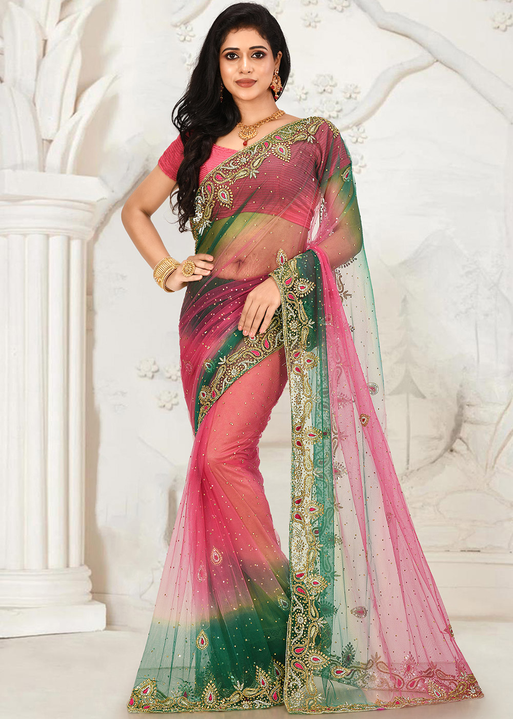 Pink Hand Embroidered Heavy Border Net Saree Latest 2890SR14