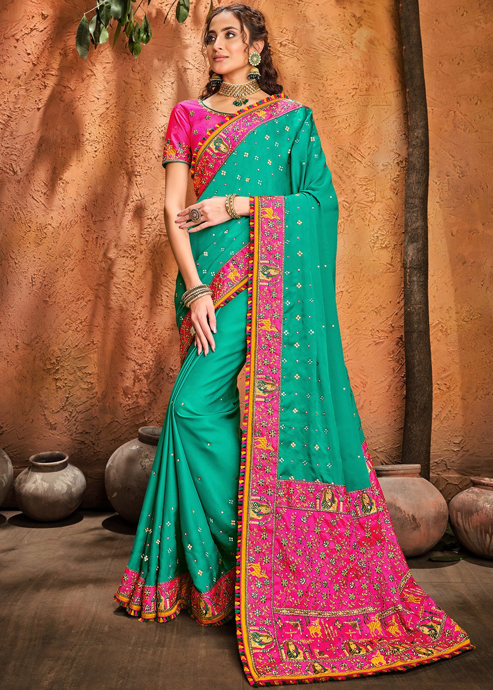 Buy VANYA Women's Silk Embroidered Woven Green Saree with Rani Pink Blouse  (M10702) at Amazon.in