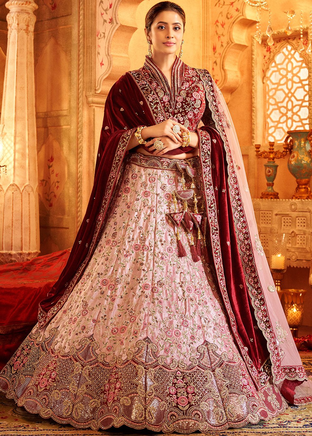 Velvet Embroidery Bridal Lehenga Choli In Pink Colour - LD4900628