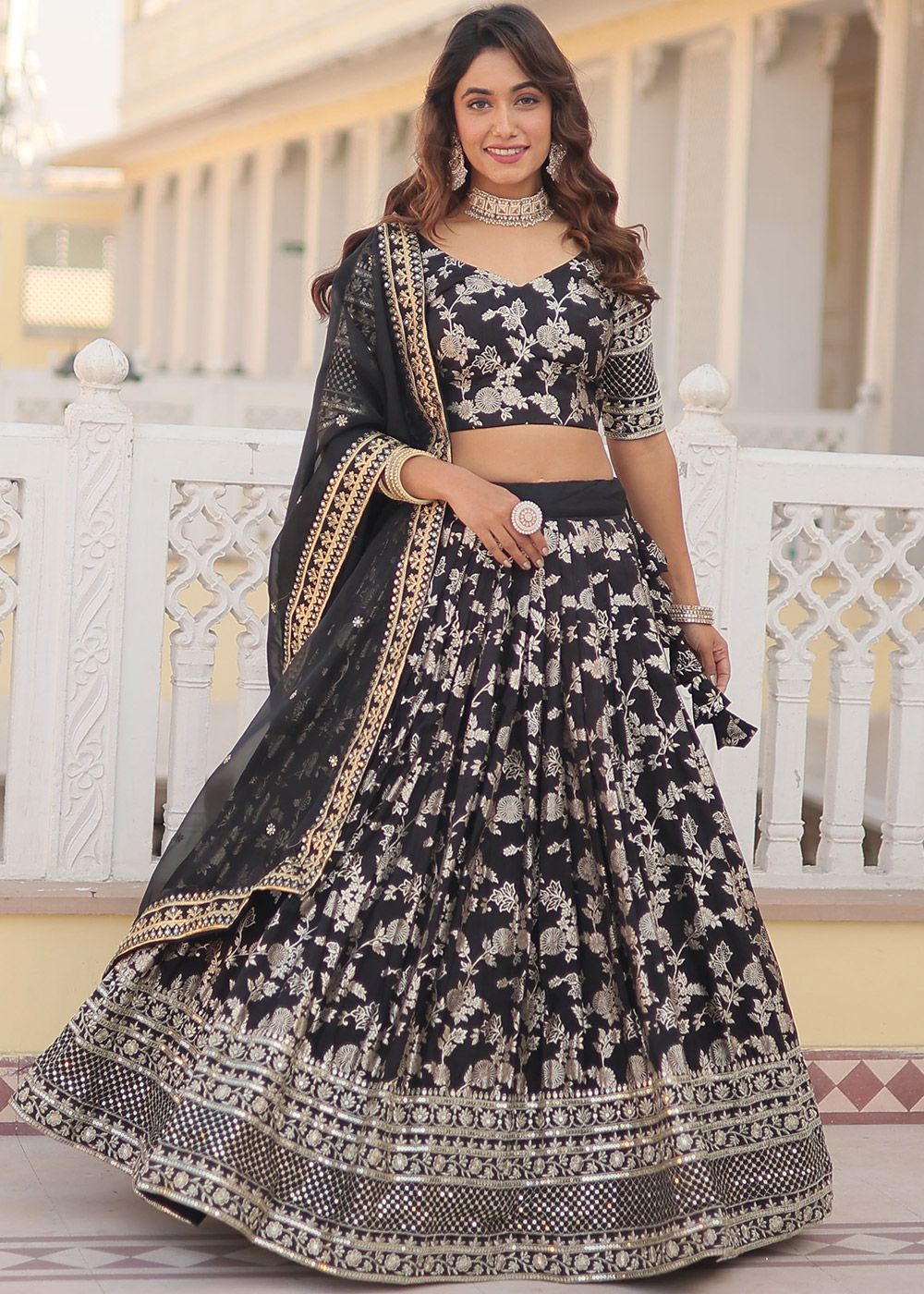 black lehenga, black and silver lehenga, black lehenga with silver motifs,  off… | Indian fashion dresses, Choli dress, Designer bridal lehenga choli