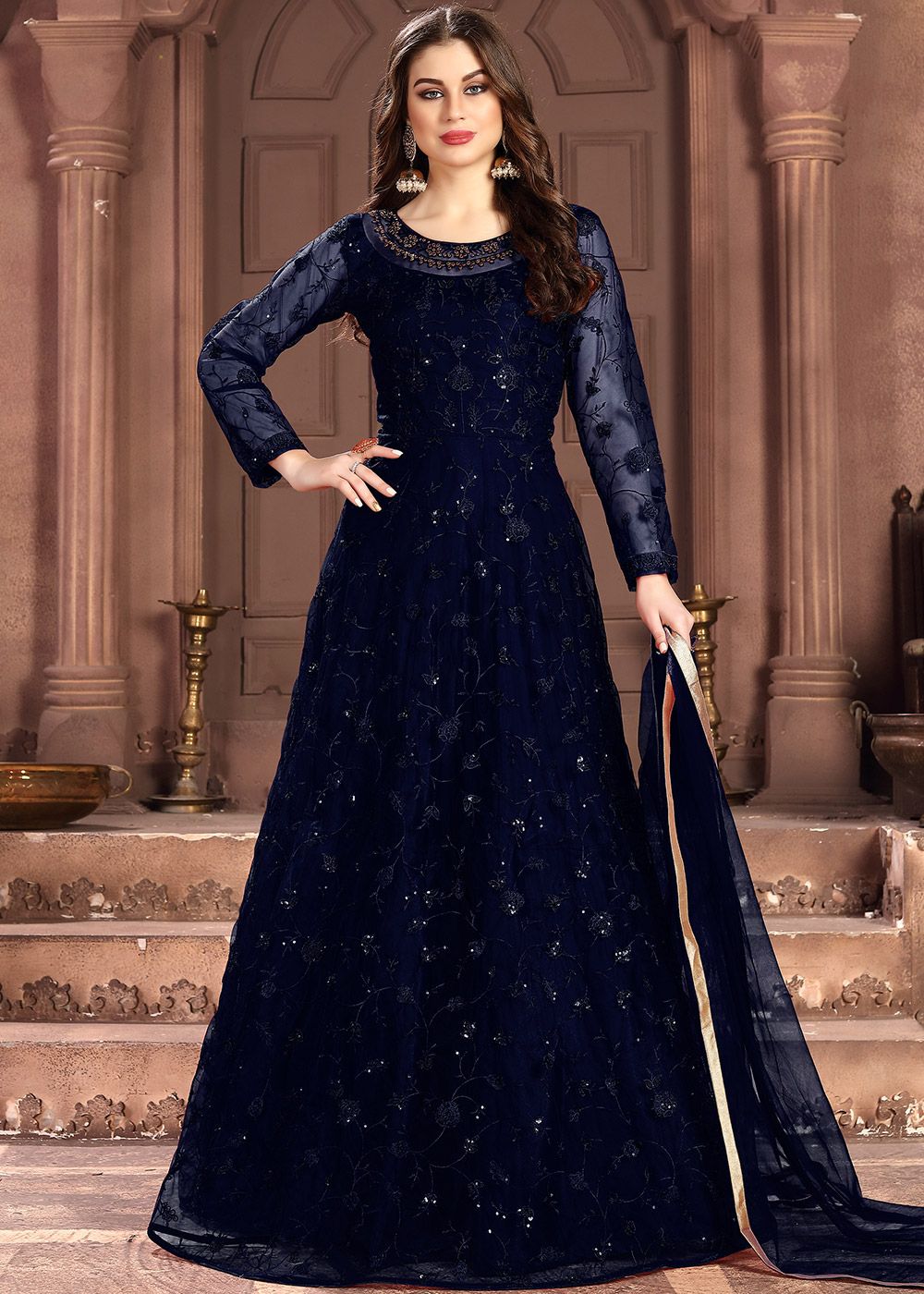 Party Wear And Festival Wear Attractive Navy Blue Fancy Fabric Designer Gown
