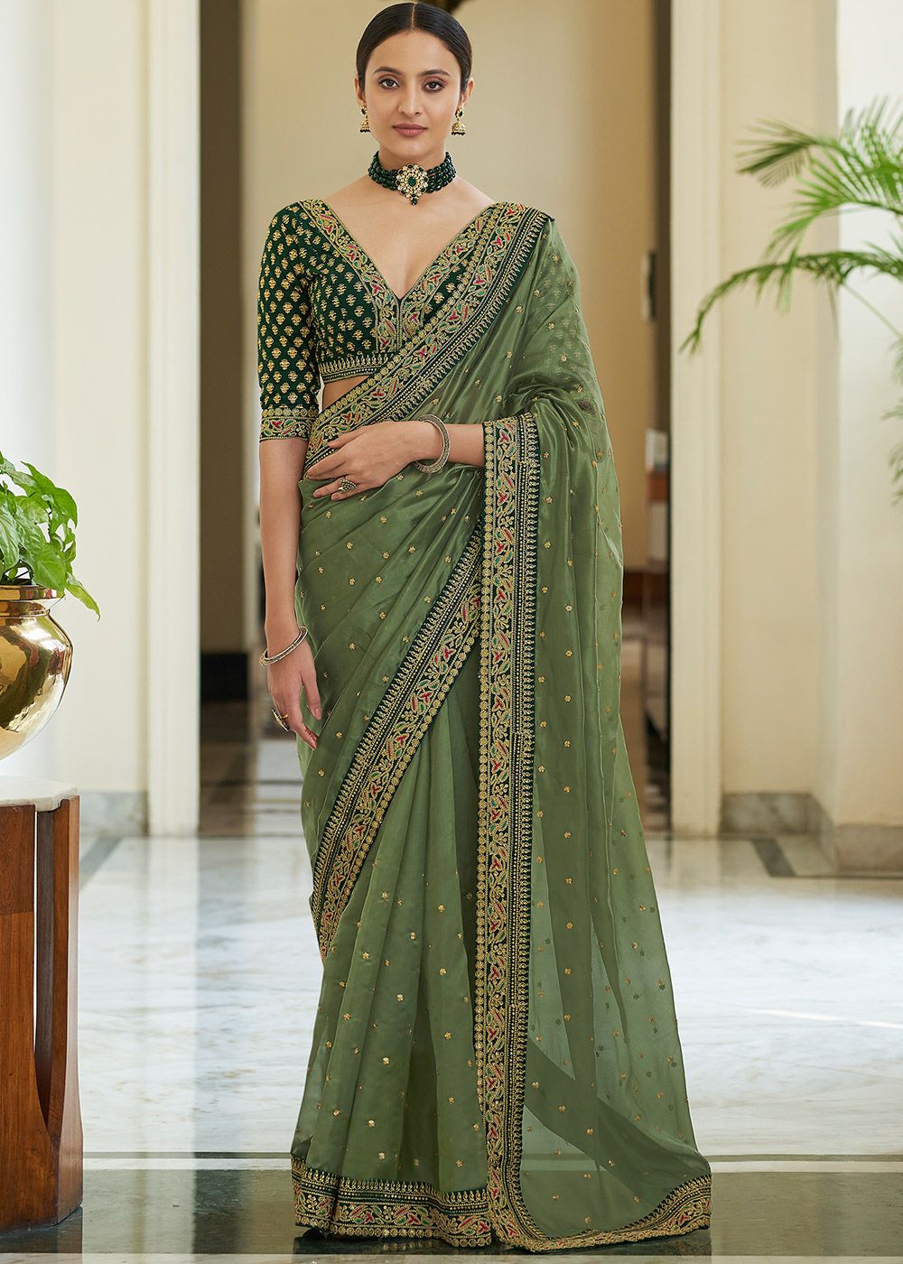 wedding saree designer saree indian saree,dark green saree soft organza silk with Chikankari work saree and blouse for women saree dress