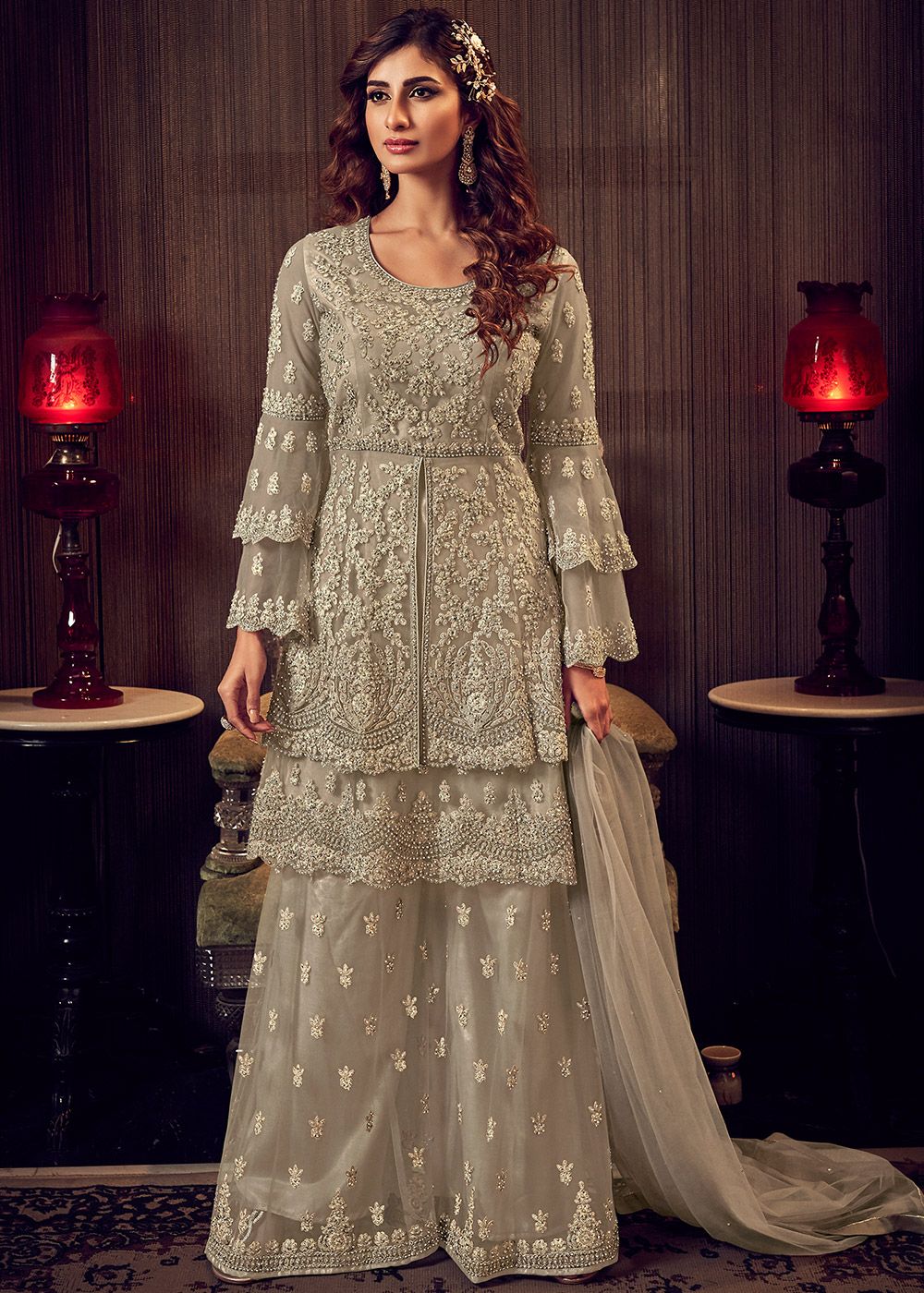 Grey Slit Style Embroidered Twin Layered Sharara Suit Latest 3446SL09