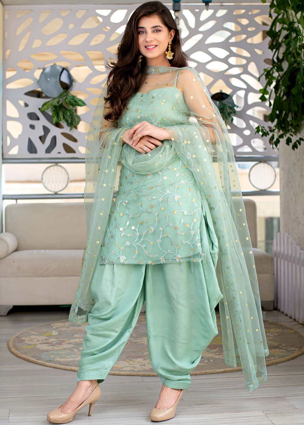 Green Embroidered Readymade Punjabi Suit In Net Latest 3898SL01