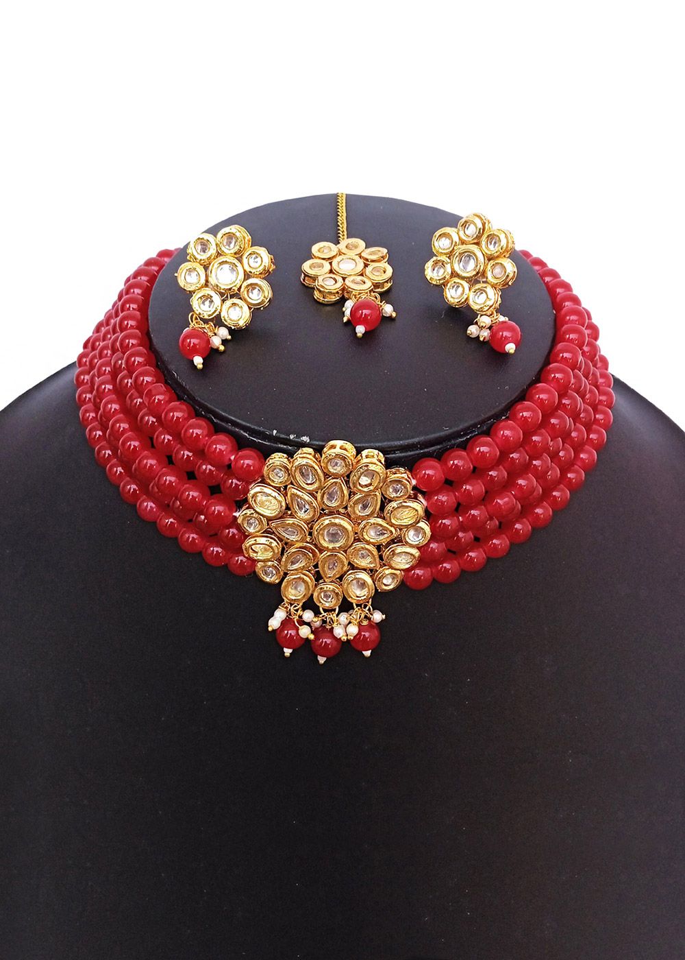 Red Meena Gold Kundan Green Drops Choker Necklace