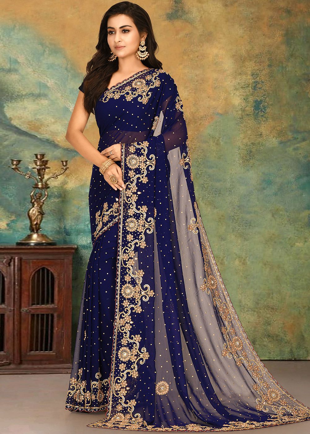 Blue Heavy Border Georgette Saree With Blouse Latest 4075SR09