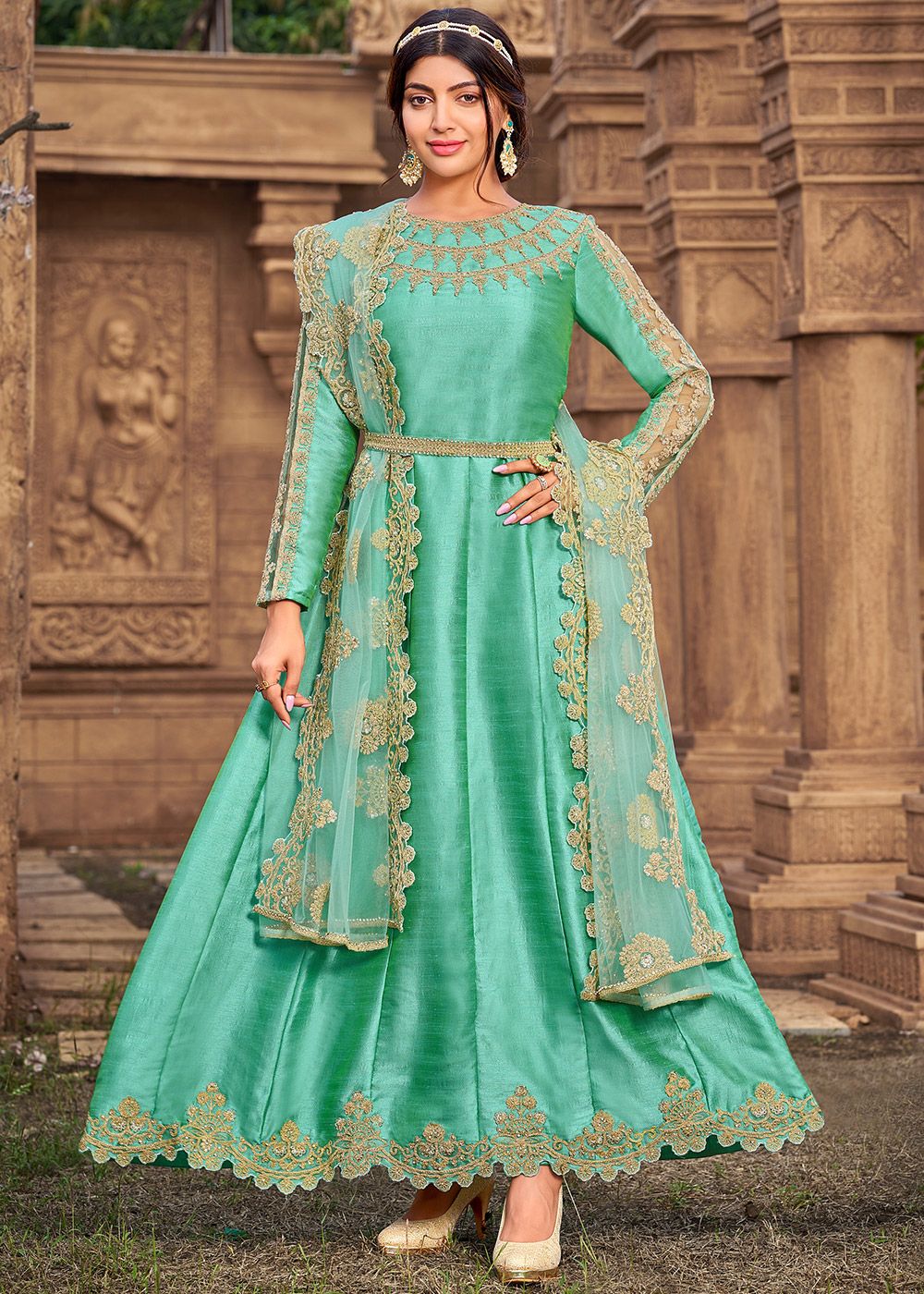Light Green Wedding Wear Cording Net Designer Anarkali Suit