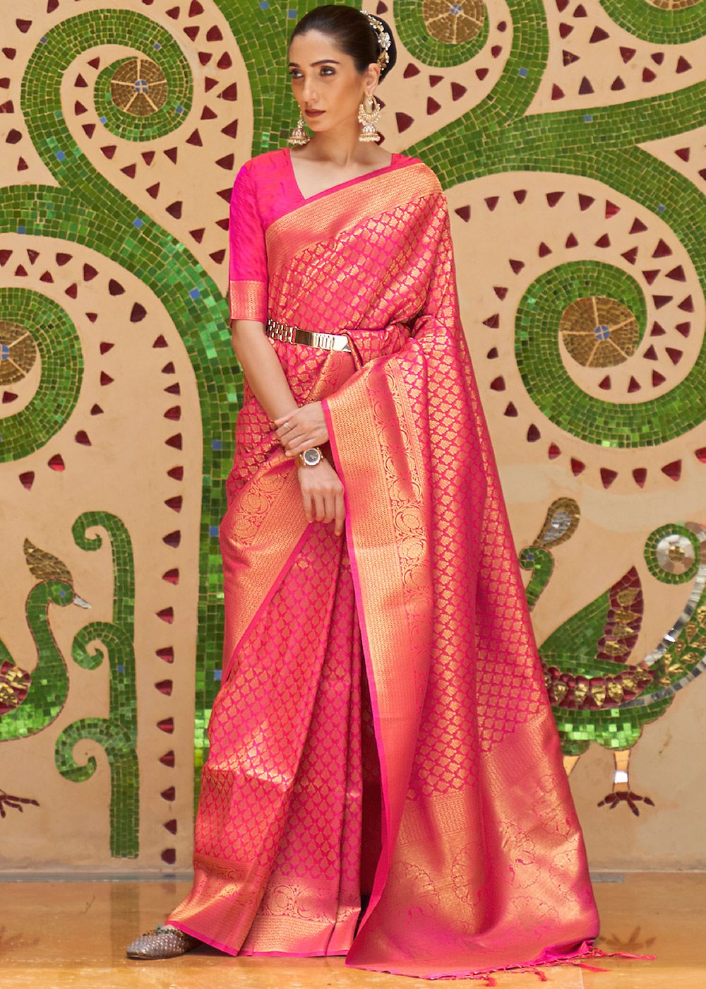 pink woven art silk saree with blouse with belt - LONDON BEAUTY