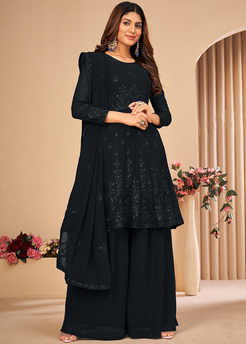 Buy Juniper Black Embroidered Kurti Sharara Set With Dupatta for Women  Online @ Tata CLiQ