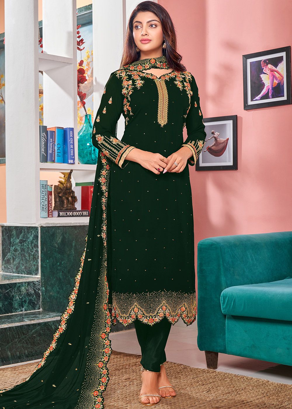 Riveting Embroidered Georgette Fabric Salwar Suit In Dark Green Color