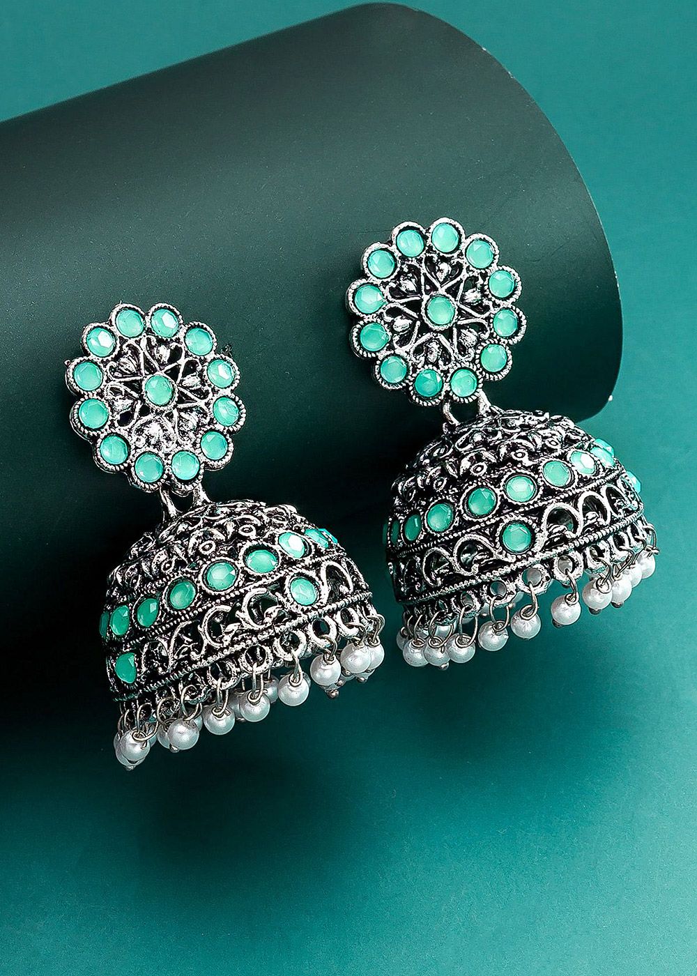 Vartika Saree Jewellery Traditional Designer golden Green Big size Jhumka /  Jhumki earrings Beads Alloy Jhumki Earring