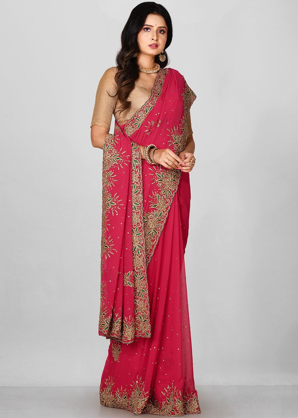 Model Silk Party Wear Saree In Pink WIth Embroidery Work & Crystal Stone  work - Saree