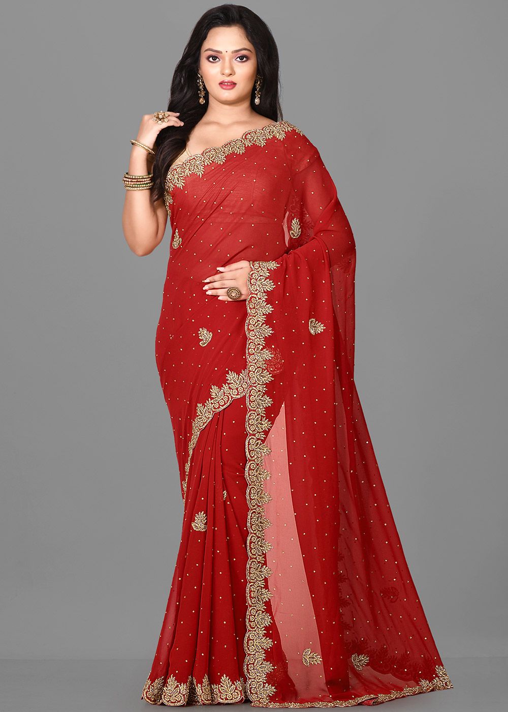 Red color Georgette seuence work saree - New In - Indian