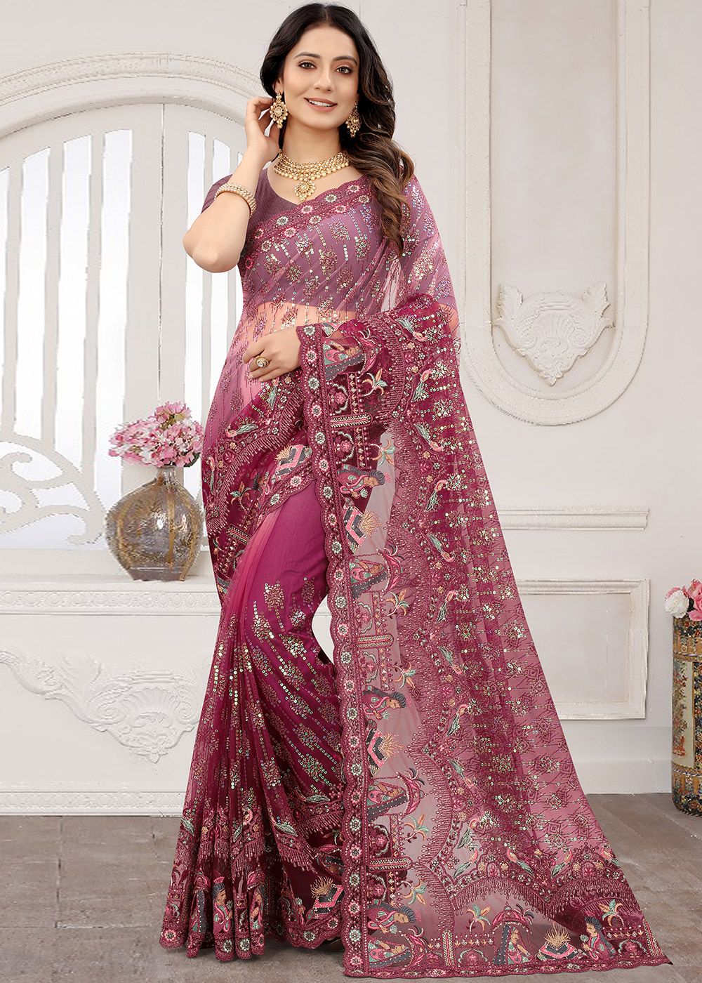 Embroidered Saree in Off White : SSF18698