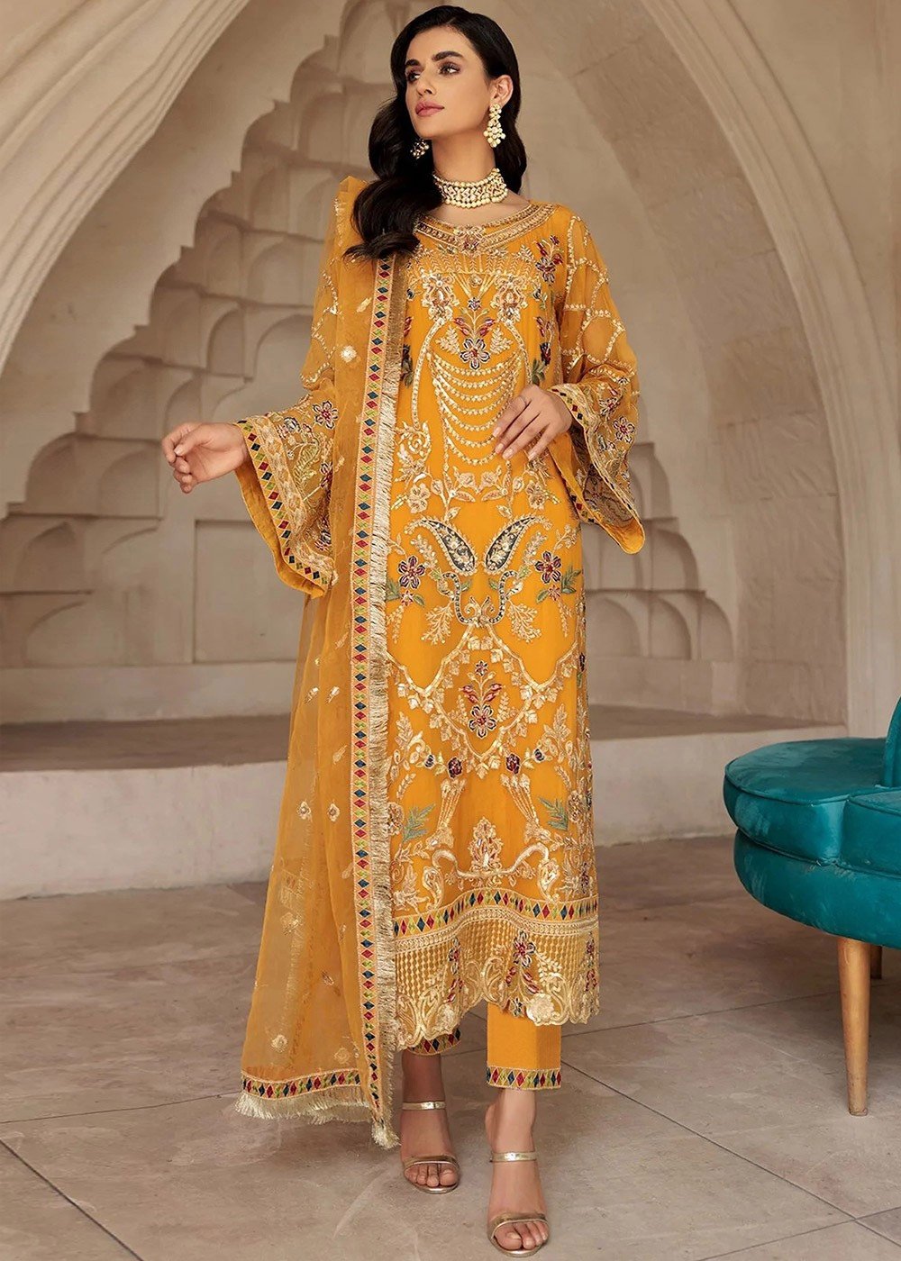 Pakistani Maxi Dress in Bright Yellow Shade #PF425 | Pakistani maxi dresses,  Chiffon collection, Formal dress shops