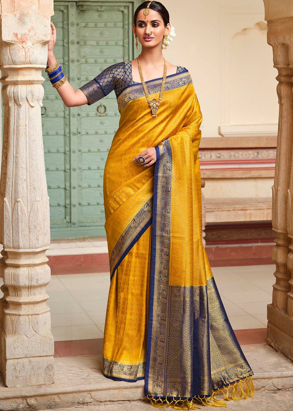 Buy Ocher Yellow Silk Saree With Foil Print And Embroidery