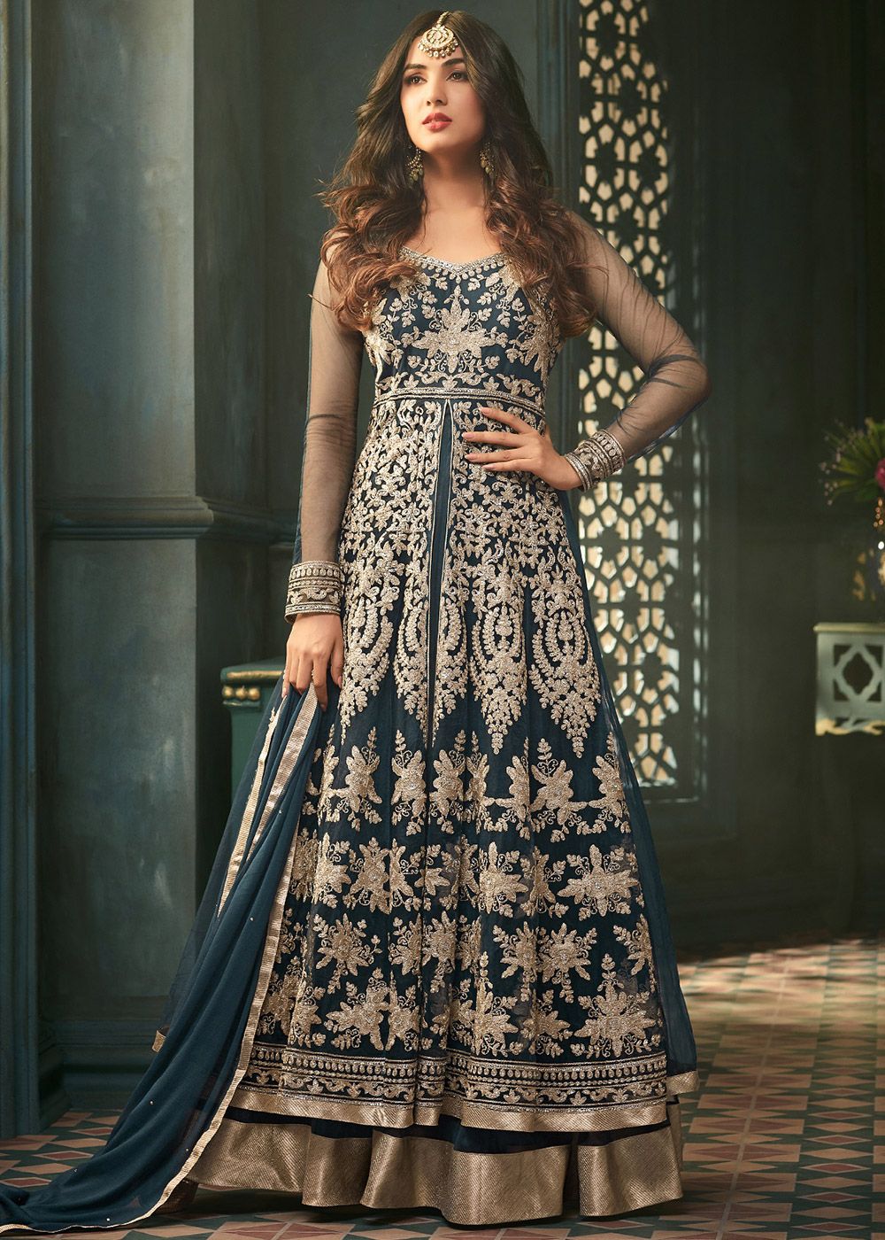 Sonal Chauhan Blue Embroidered Anarkali Suit Set 4698SL28