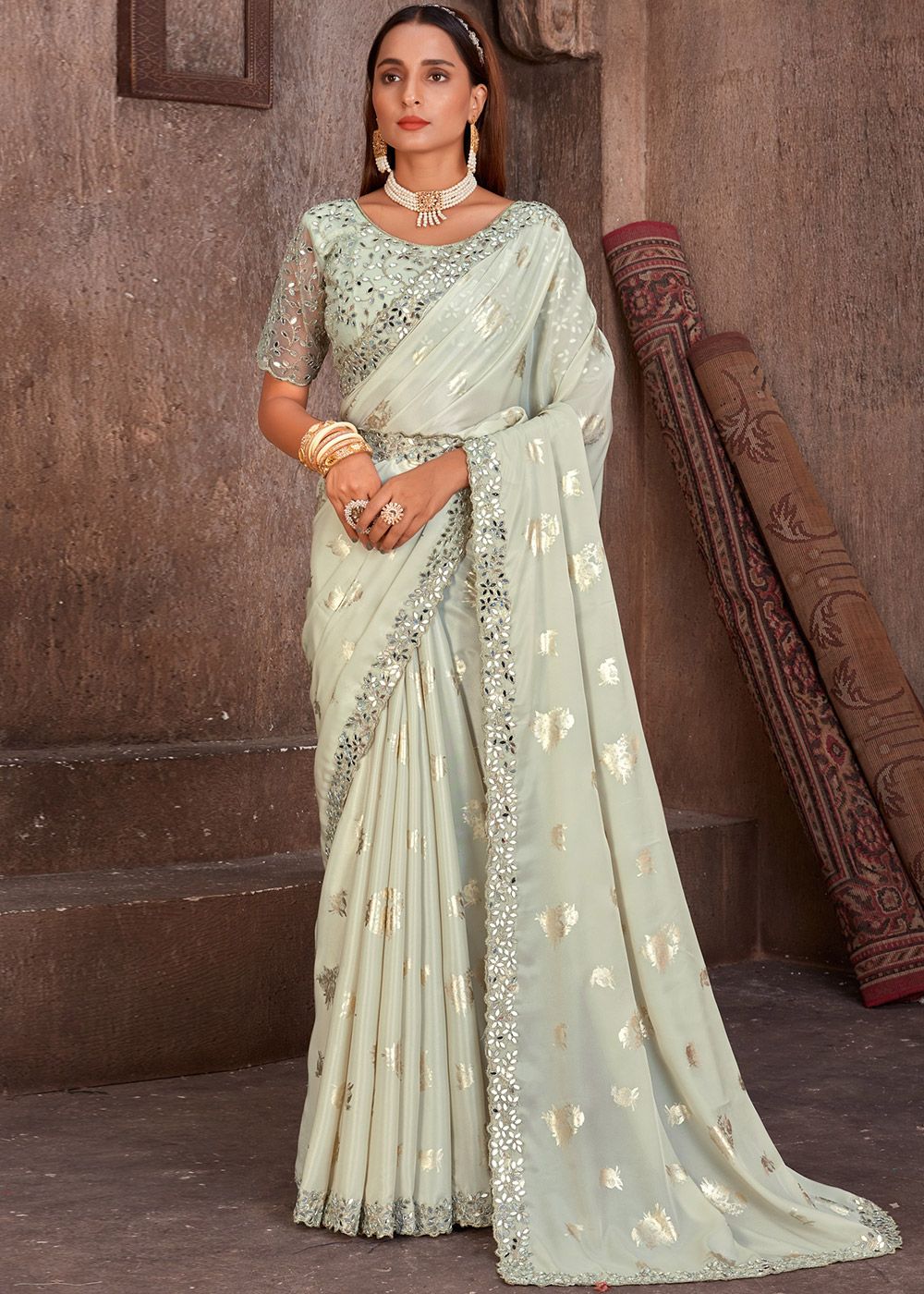 Green Embroidered Satin Saree With Blouse & Belt 4887SR16