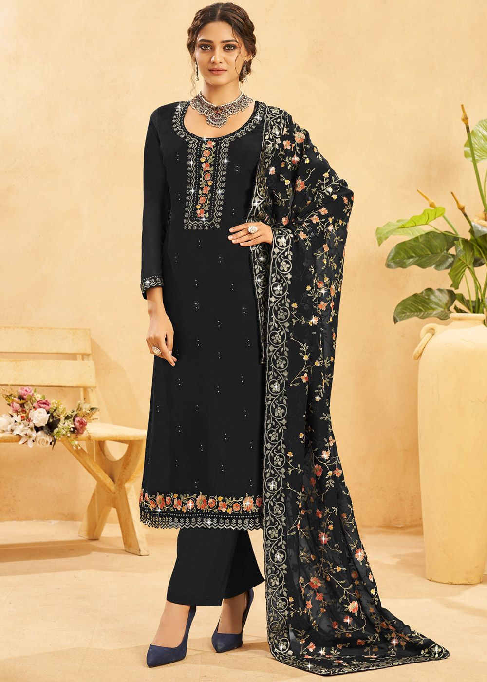 Black Organza Embroidered Pant Suit Set