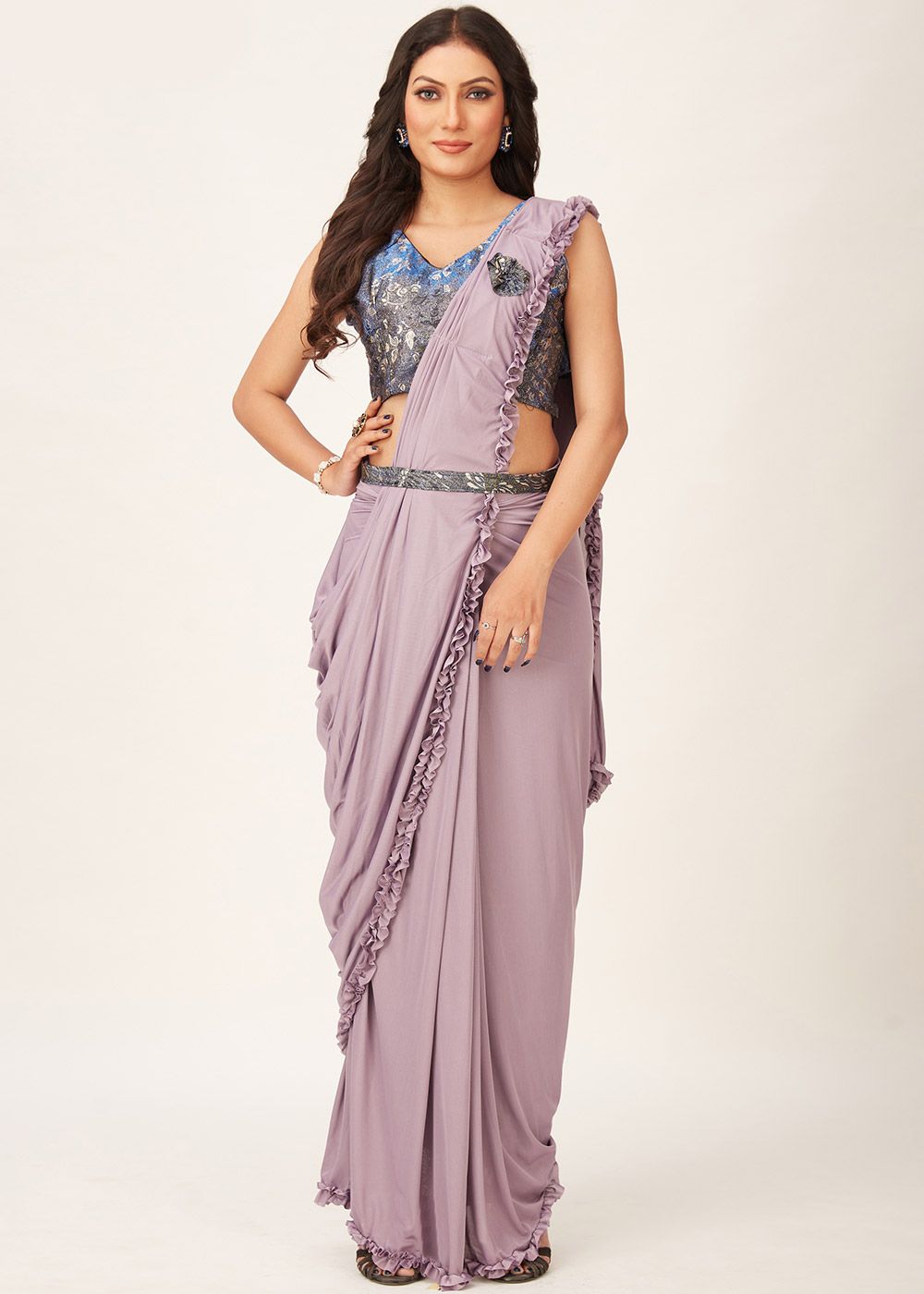 Buy Ivory & gold pre-stitched lehenga sari set -Designer Wear - Ensemble