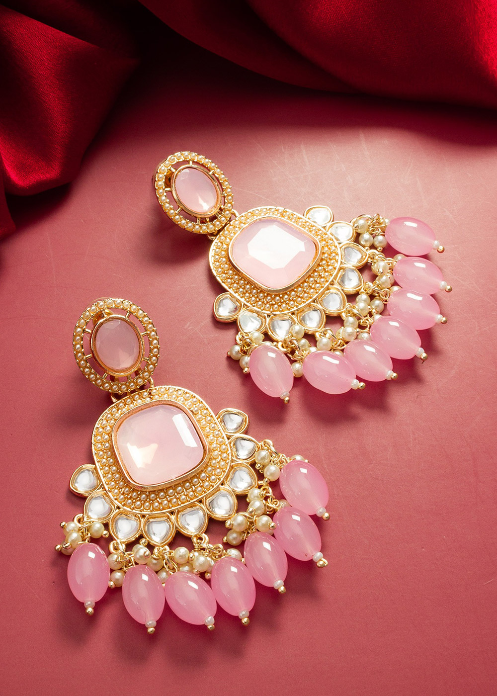 Pink Alloy Based Stone Studded Earrings Jewelry 535JW09