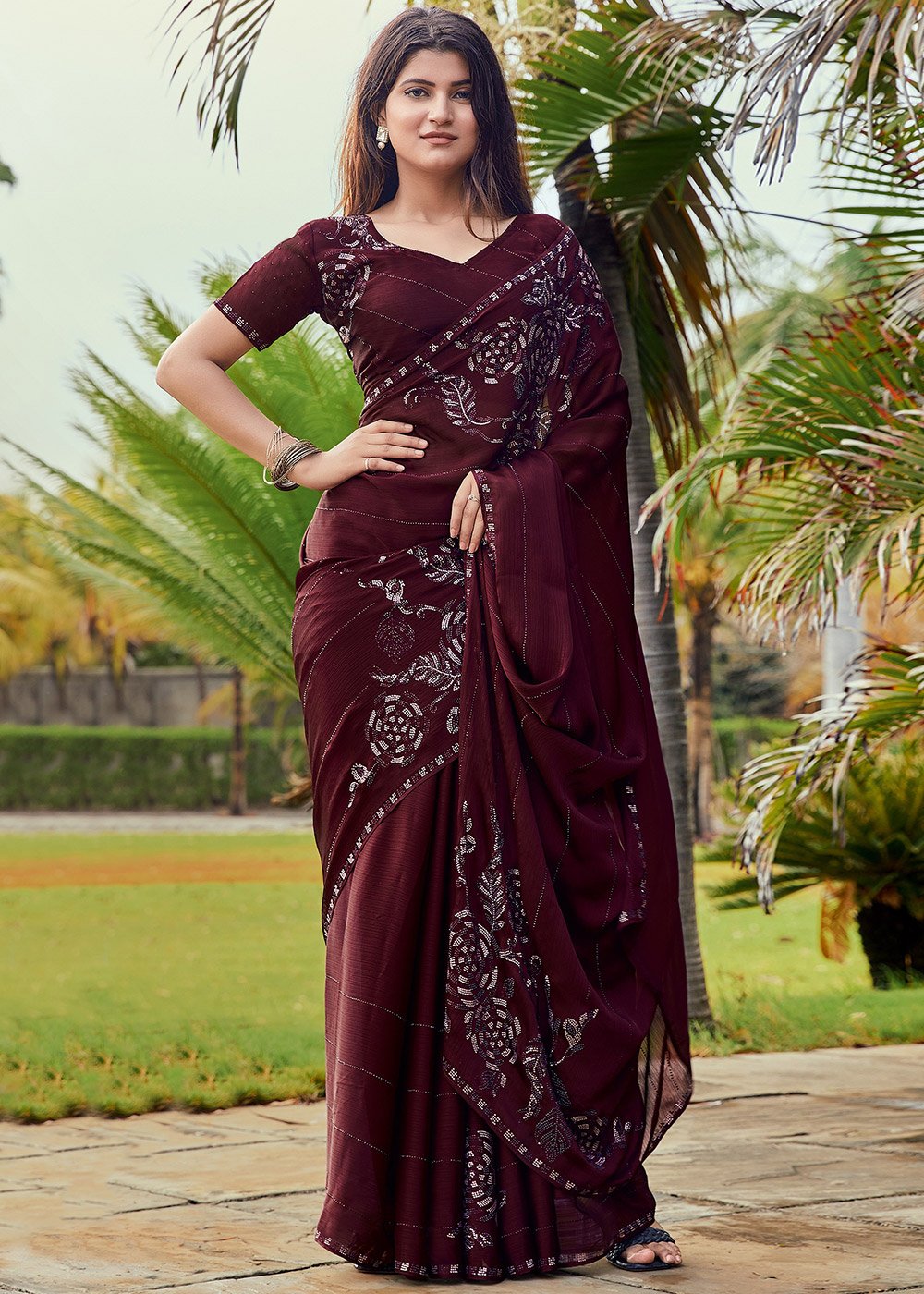 Buy Maroon Saree Georgette And Blouse Silk Chanderi Lining Shantoon With  For Women by SHIKHAR SHARMA Online at Aza Fashions.
