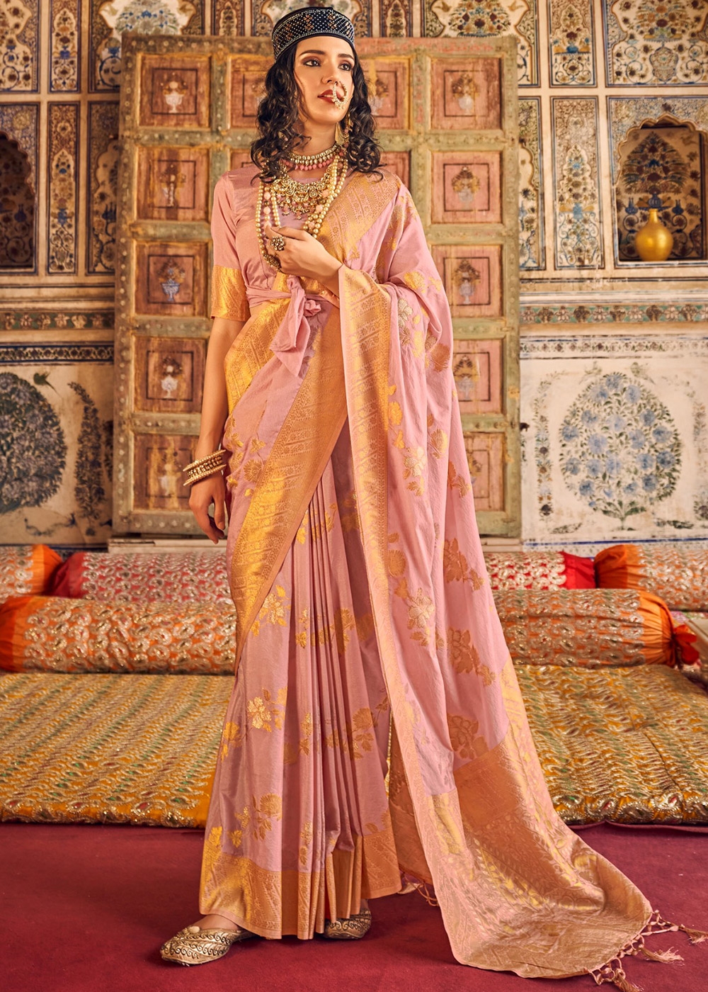Muted Pink Color Zari Woven South Silk Saree