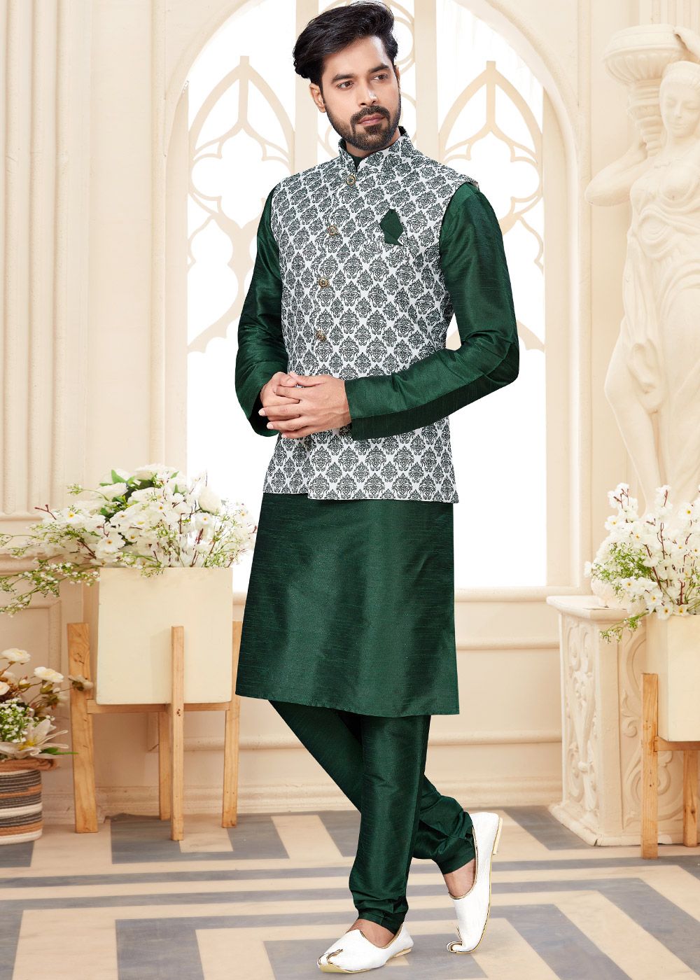 Green Jacquard Silk Kurta Pajama With Jacket 270011